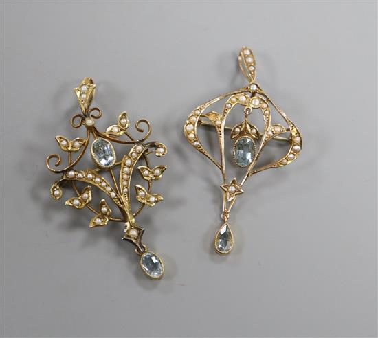 Two Edwardian 9ct, seed pearl and aquamarine set drop pendant brooches, approx. 48mm.